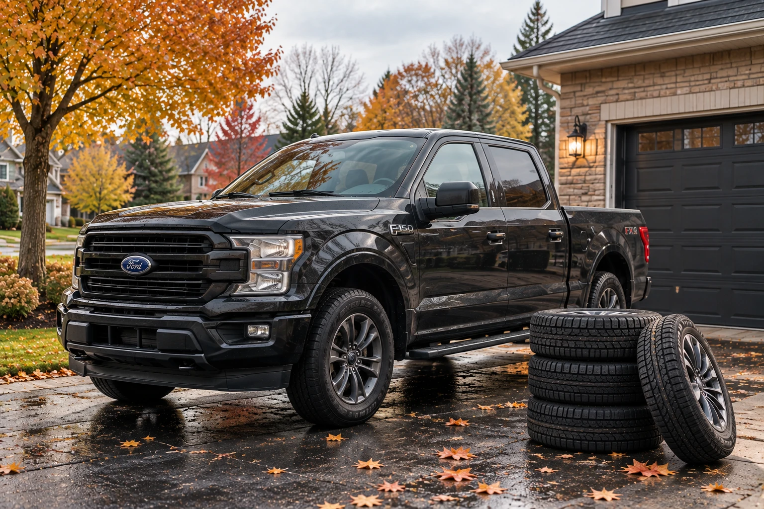 A customer's truck and a fresh set of tires staged in a Brantford driveway